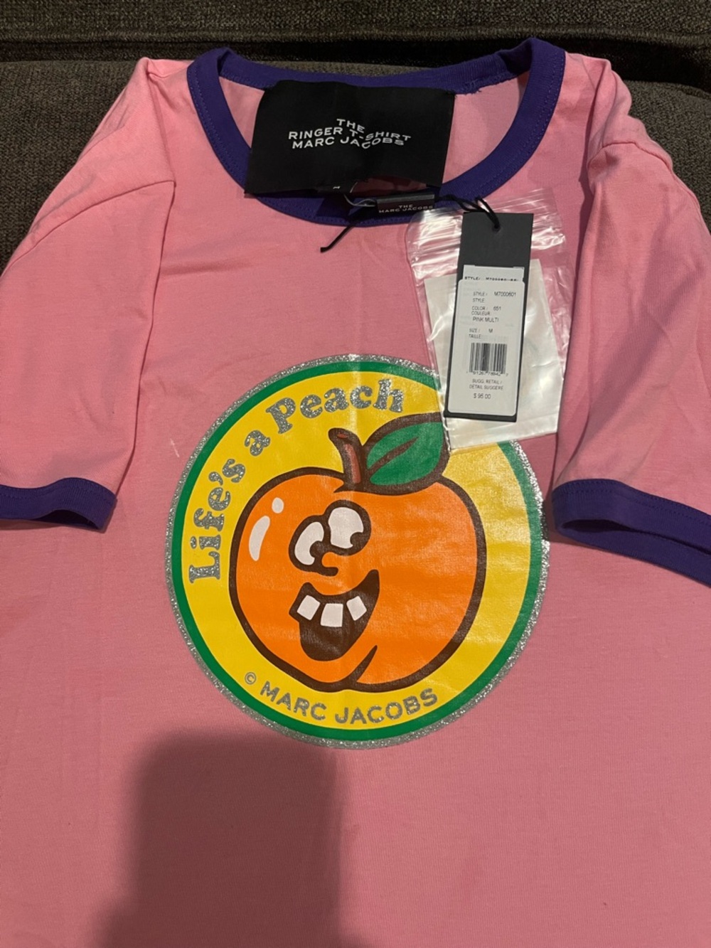 Marc Jacobs Pink Tee with Purple Trim and Peach Graphic